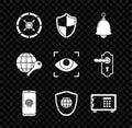 Set Safe, Shield, Ringing bell, Smartphone with fingerprint scanner, world globe, Globe key and Eye icon. Vector