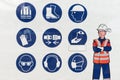 Set of safety and health protection signs. Collection of safety equipment