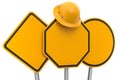 Set of safety helmet or hard hat on road traffic signs on pole on white.