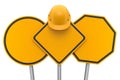 Set of safety helmet or hard hat on road traffic signs on pole on white.