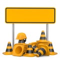 Set of safety helmets or hard hats and traffic cones, road sign on white Royalty Free Stock Photo