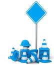 Set of safety helmets or hard hats and traffic cones, road sign on white Royalty Free Stock Photo