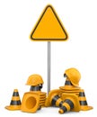 Set of safety helmets or hard hats and traffic cones, road sign on white Royalty Free Stock Photo