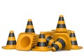 Set of safety helmets or hard hats and traffic cones, road sign on white Royalty Free Stock Photo