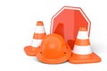 Set of safety helmets or hard hats and traffic cones, road sign on white Royalty Free Stock Photo