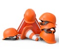 Set of safety helmets or hard hats and traffic cones, road sign on white Royalty Free Stock Photo