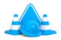 Set of safety helmets or hard hats and traffic cones, road sign on white Royalty Free Stock Photo