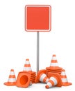 Set of safety helmets or hard hats and traffic cones, road sign on white Royalty Free Stock Photo