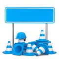 Set of safety helmets or hard hats and traffic cones, road sign on white Royalty Free Stock Photo