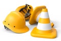 Set of safety helmets or hard hats and traffic cones on white background Royalty Free Stock Photo