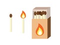 Set of safety matches illustrations. Full box of matches, burning and new one. Flame and fire. Flat style design Royalty Free Stock Photo