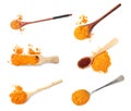 Set with saffron powder on white background Royalty Free Stock Photo