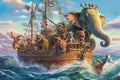 Set sail on the roaring waves of the Indian Ocean with a spirited crew of African animal pirates, animal pirate illustration