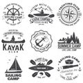 Set of sailing camp, canoe and kayak club badges. Vector. Concept for shirt, print, stamp or tee. Vintage typography Royalty Free Stock Photo