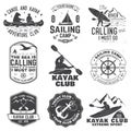 Set of sailing camp, canoe and kayak club badges. Vector. Concept for shirt, print, stamp or tee. Vintage typography Royalty Free Stock Photo