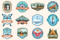 Set of sailing camp, canoe, snowboarding, climbing and kayak club patches. Vector. Concept for shirt, print, stamp or