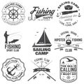 Set of sailing camp and fishing club badges. Vector. Concept for shirt, print, stamp or tee. Vintage typography design