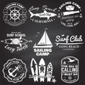 Set of sailing camp, yacht club and surf club badges. Vector. Concept for shirt, print, stamp. Vintage typography design Royalty Free Stock Photo