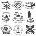 Set of sailing camp, yacht club and surf club badges. Vector. Concept for shirt, print, stamp. Vintage typography design Royalty Free Stock Photo