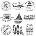 Set of sailing camp, yacht club and surf club badges. Vector. Concept for shirt, print, stamp. Vintage typography design Royalty Free Stock Photo