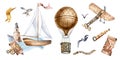 Set of sailing ship, hot air balloon, adventure items watercolor illustration isolated on white. Spyglass, airplane