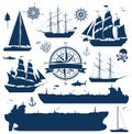 Set of sailing ships, yachts and tankers