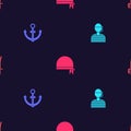 Set Sailor captain, Anchor, Pirate bandana for head and sword on seamless pattern. Vector
