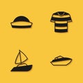 Set Sailor hat, Speedboat, Yacht sailboat and Striped sailor t-shirt icon with long shadow. Vector