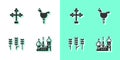 Set Saint Basil's Cathedral, Christian cross, Wheat and Cockerel lollipop icon. Vector Royalty Free Stock Photo