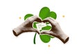 Set Saint Patrick's Day card template with 3D Halftone hands with heart gesture and shamrock leaf. 00s Y2k retro