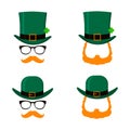 Vector set of Saint Patrick`s Day character leprechaun with green hat, red beard and no face. Design elements for St