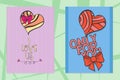 Set of Saint Valentines day hand drawn greeting cards with heart