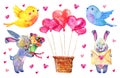 Set of Saint Valentines day illustration elements. Bunnies with flowers and letter Royalty Free Stock Photo