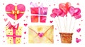 Set of Saint Valentines day illustration elements. Gift boxes, heart shape air balloons, love letter