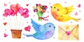 Set of Saint Valentines day illustration elements. Heart shape air balloons. Pair of birds