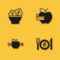 Set Salad in bowl, Vegan food diet, Calorie calculator and Apple and measuring tape icon with long shadow. Vector Royalty Free Stock Photo