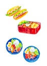 Set of salad food with seafood,tomatoes and eggs,hot dogs and baskets of vegetables,herbs and bread. Watercolor illustration