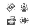 Salary employees, Loan house and Bitcoin icons. Sale megaphone sign. Vector