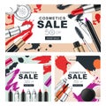 Set of sale banners with makeup cosmetics and watercolor stains.