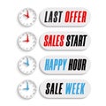 Set sale countdown 3d badges with clock. Last offer, sales week, happy hour, sale start promo stickers. Online marketing limited Royalty Free Stock Photo