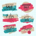 Set of sale, discount stickers and banners. Hand drawn grunge brush strokes