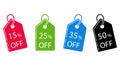 Set of sale labels 15, 25, 35, 50 percent discount, price tag. Flat design. Vector Royalty Free Stock Photo