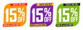 Set Sale 15% off banners, discount tags design template, promo app icons, vector illustration Royalty Free Stock Photo