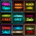 Set of sale signs neon in light frames. Electric banners glowing on black brickwall background. Flat style. Royalty Free Stock Photo