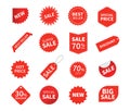 Set of sale tags. Ribbon sale banners. Red ribbon price and discount labels. Red starburst stickers. Vector Royalty Free Stock Photo