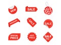 Set of sale tags. Ribbon sale and ribbon hot price and discount labels. Red starburst stickers. Vector illustration Royalty Free Stock Photo