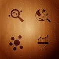 Set Sales funnel with chart, Search data analysis, Project team base and globe on wooden background. Vector