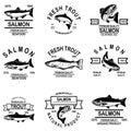 Set of salmon seafood labels. Design element for logo, label, sign, emblem. Royalty Free Stock Photo