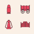 Set Saloon door, Bullet, Wild west covered wagon and Camping lantern icon. Vector