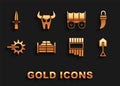 Set Saloon door, Tooth, Shovel, Pan flute, Spur, Wild west covered wagon, Dagger and Buffalo skull icon. Vector